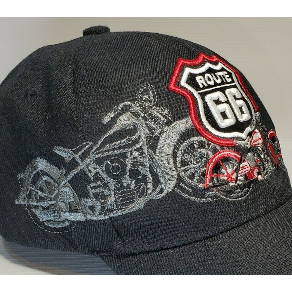 US Route 66 Motorcycle Hat Embroidered Cap One Size Fits All Black Golden Lion